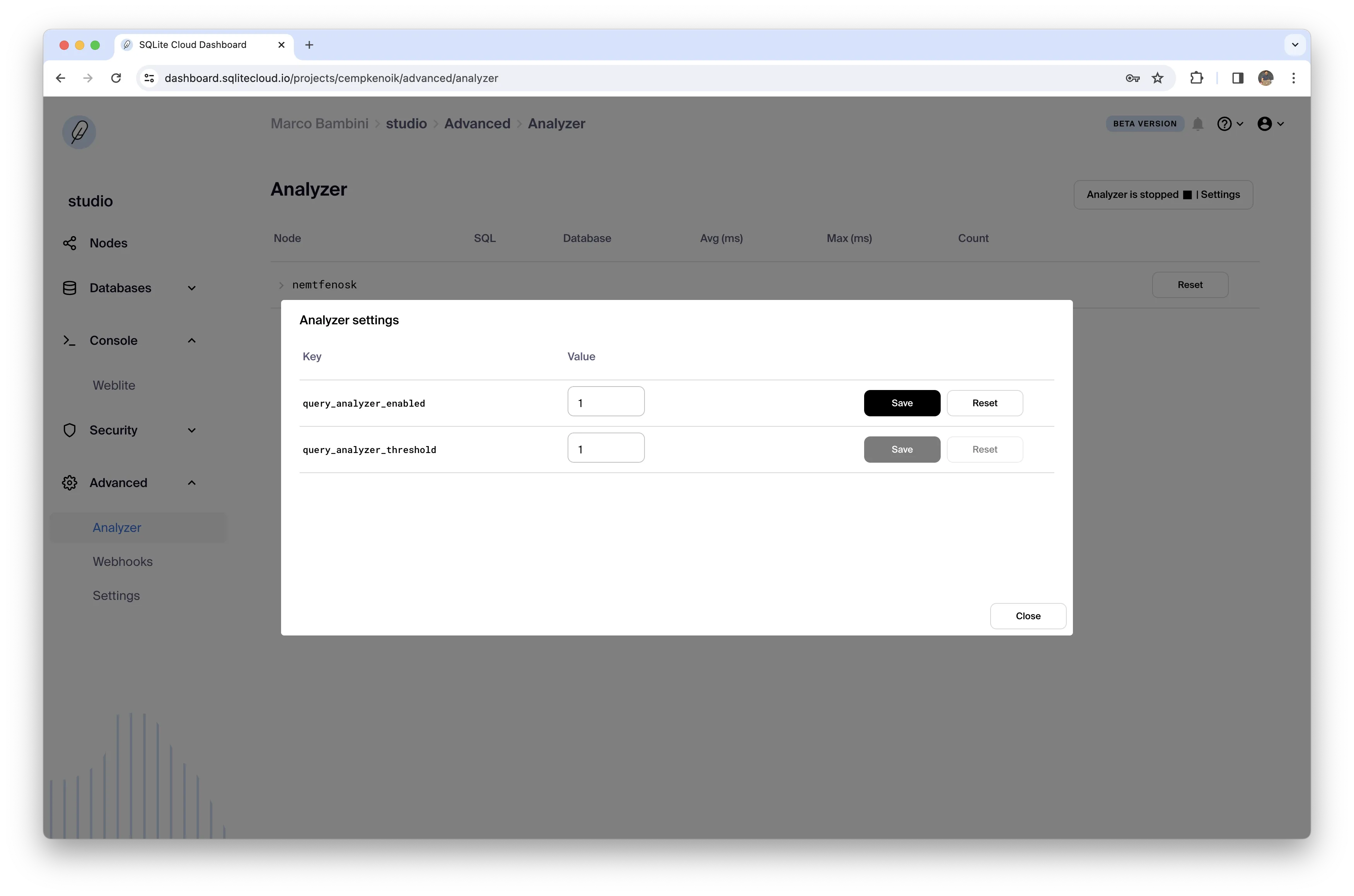 Dashboard Analyzer Settings