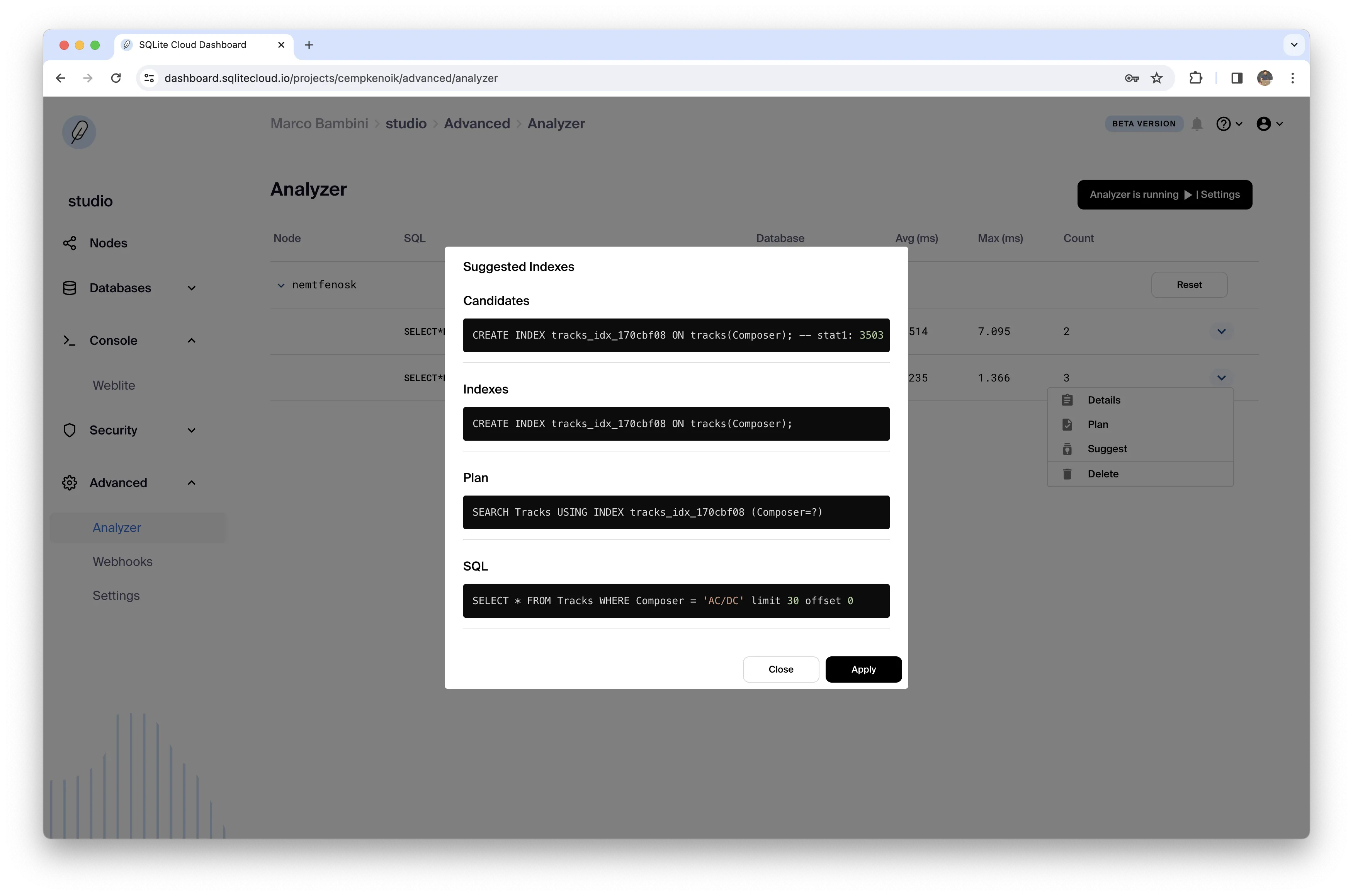 Dashboard Analyzer Suggestion