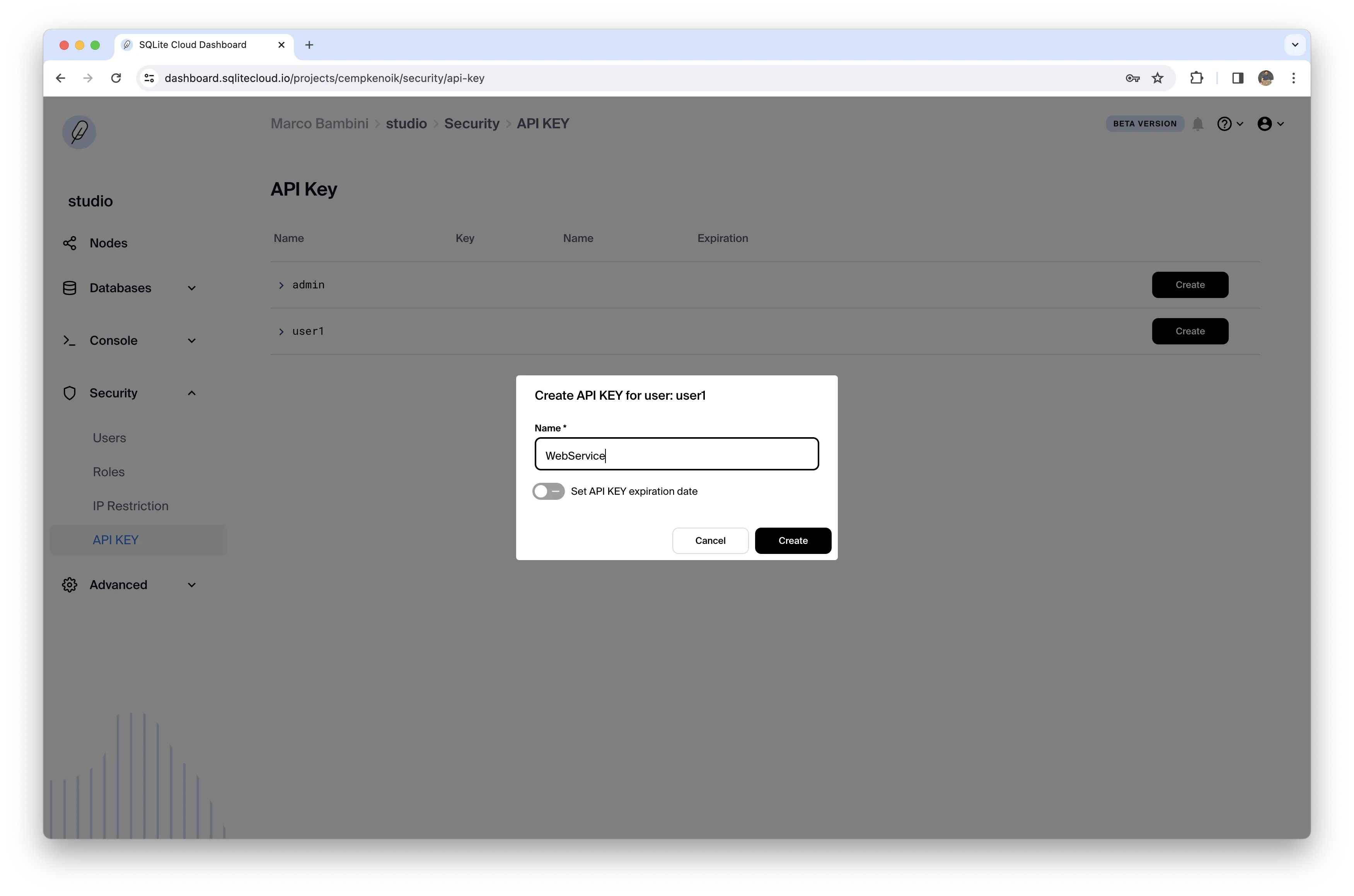Dashboard Create APIKEY