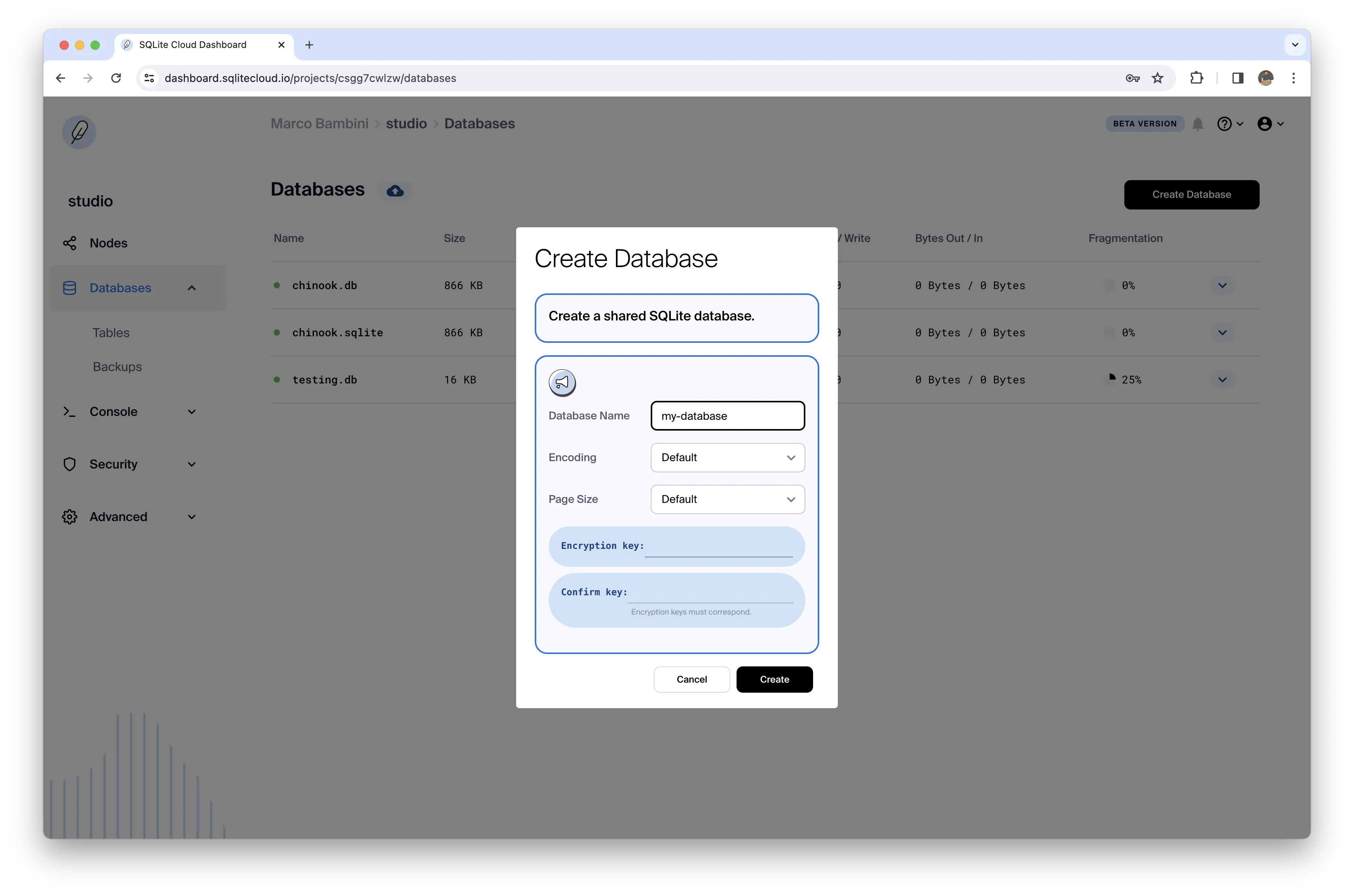 Dashboard Create Database