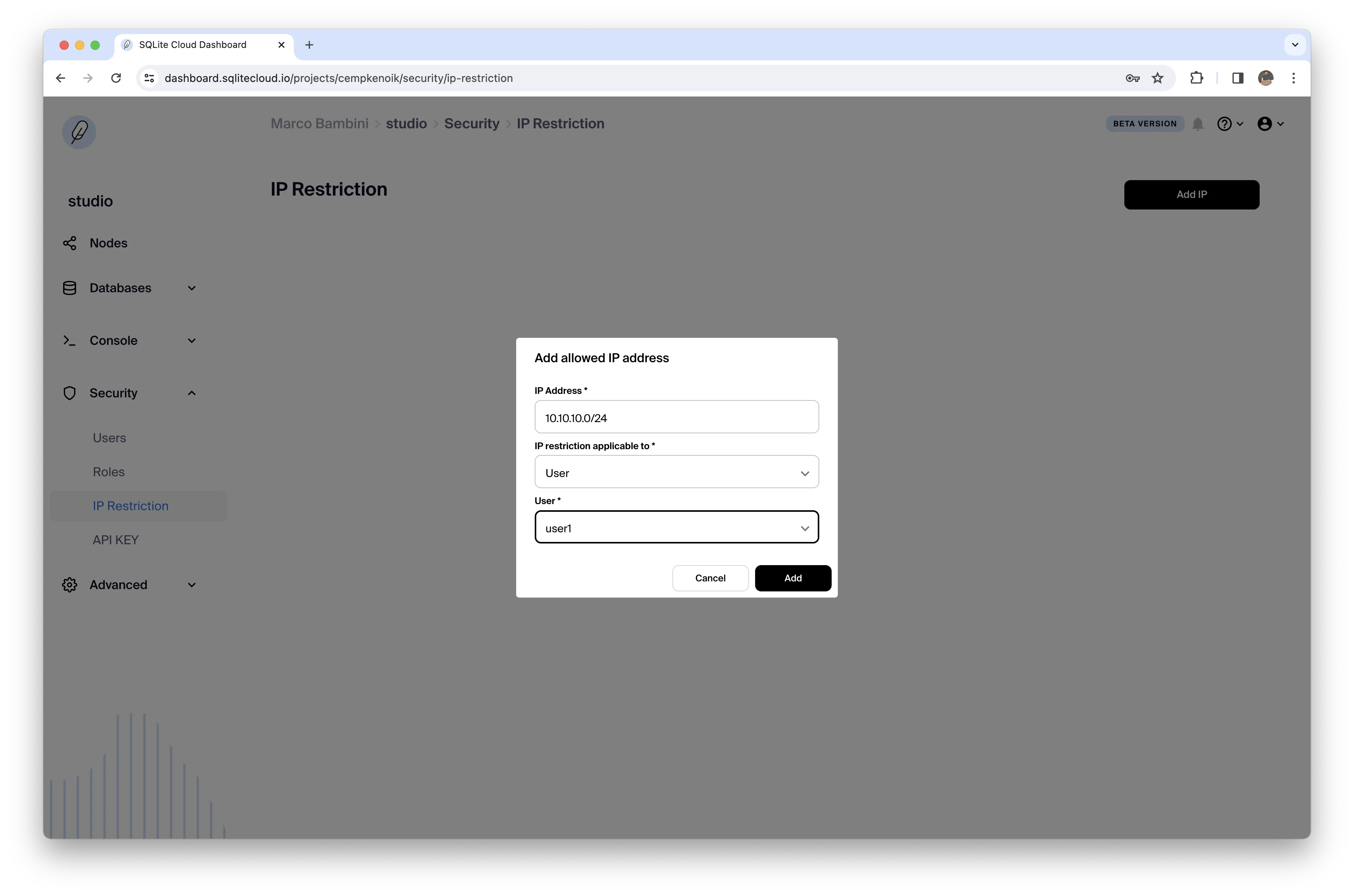 Dashboard Create IP Restriction