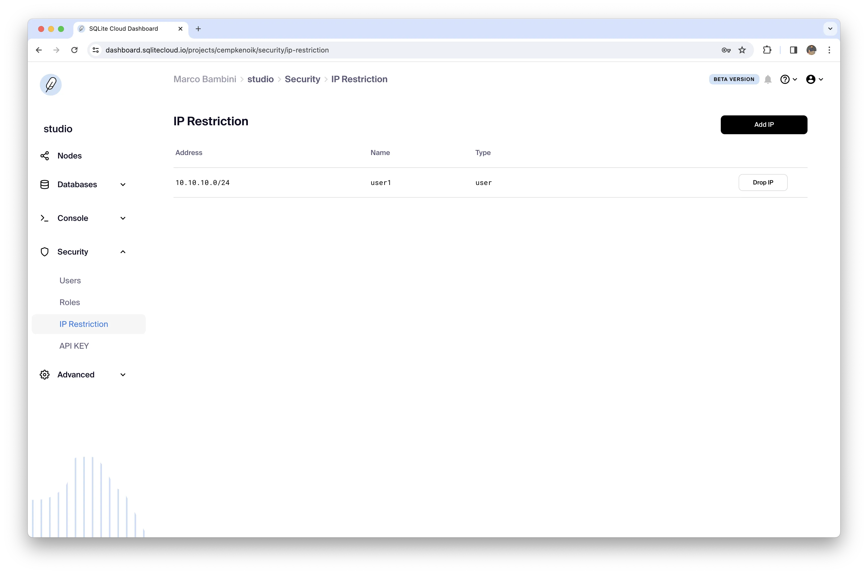 Dashboard List IP Restrictions